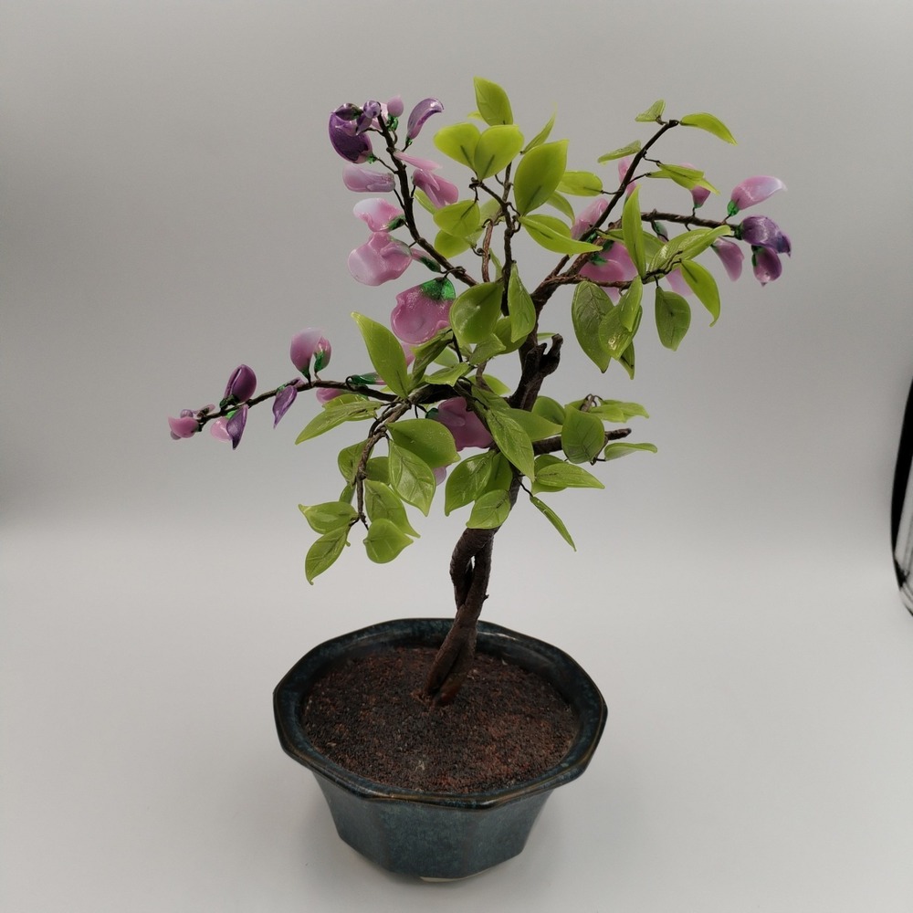 Vintage Andrea Glass Wisteria Bonsai Tree Figurine Handcrafted Japan Purple Pink